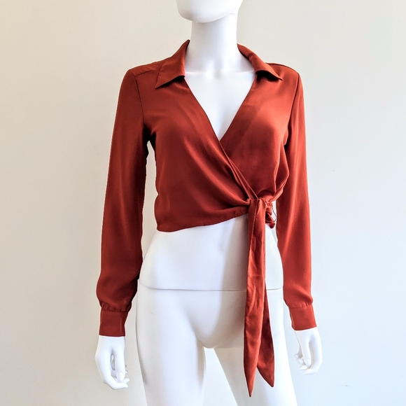 Forever 21 Tops - FOREVER 21 Rust Plunge Tie Wrap Blouse